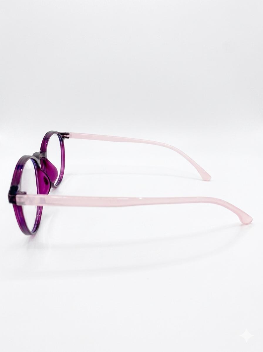Gafas de Lectura con Montura Redonda en Tono Púrpura y Patillas Rosas