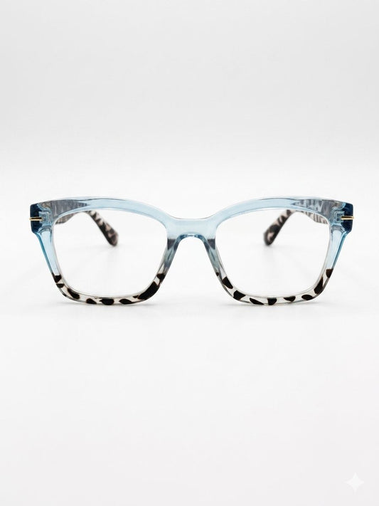 Gafas de lectura con marco bicolor y patrón animal print