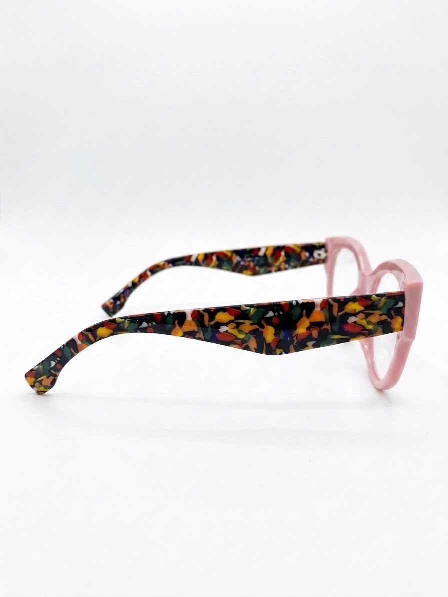 Montura de Lentes Estilo "Cat Eye" Rosa Pastel con Varillas Multicolor