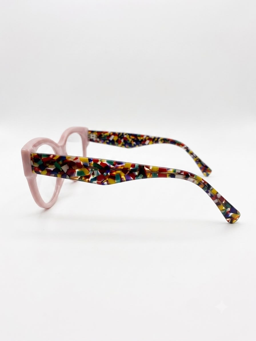 Montura de Lentes Estilo "Cat Eye" Rosa Pastel con Varillas Multicolor