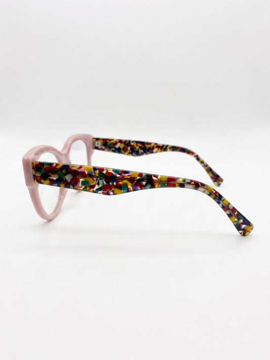 Montura de Lentes Estilo "Cat Eye" Rosa Pastel con Varillas Multicolor