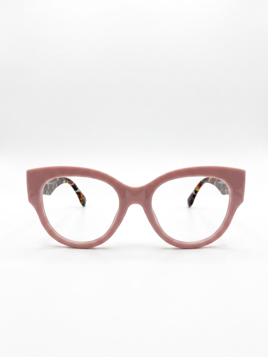 Montura de Lentes Estilo "Cat Eye" Rosa Pastel con Varillas Multicolor