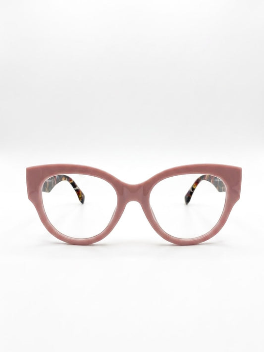 Montura de Lentes Estilo "Cat Eye" Rosa Pastel con Varillas Multicolor